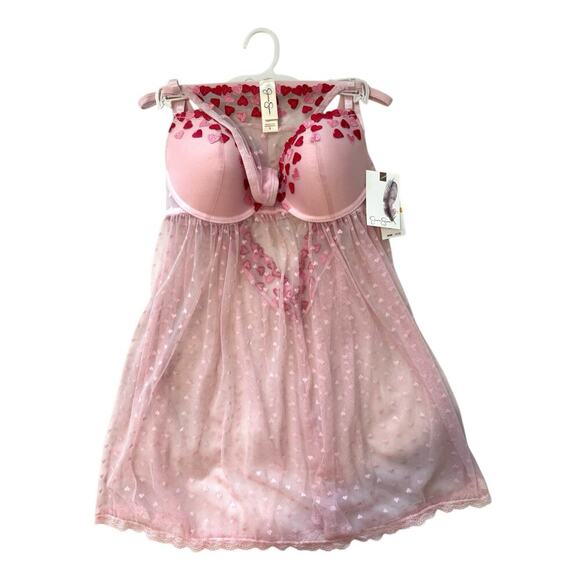 NEW Jessica Simpson Women’s SM Pink Heart 2 Piece Babydoll Sheer Lingerie Set - Picture 1 of 5